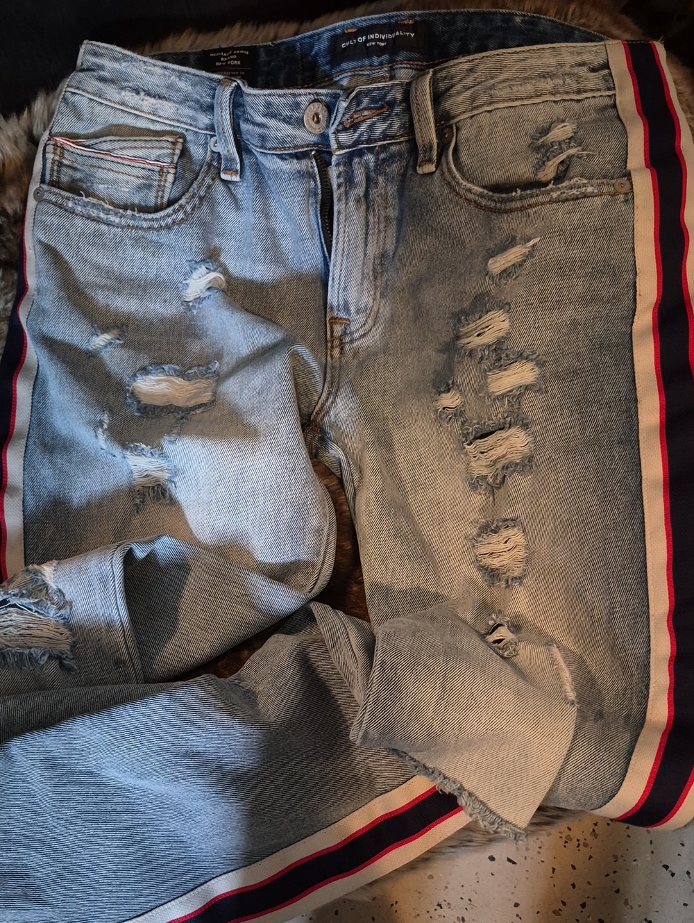 Light Blue Distressed Side-Stripe Women’s Jeans
